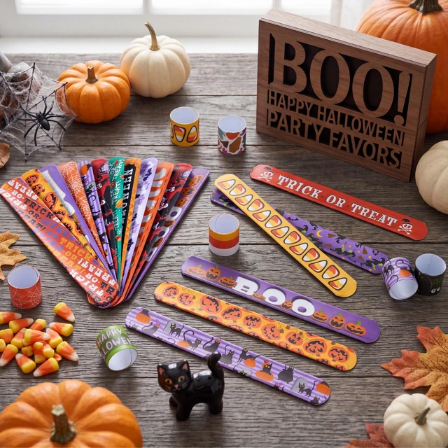 Alt view image 7 of 7 - JOYIN 72 PCS Halloween Slap Bracelets for Kids, Halloween Bracelets Bulk for Girls Boys Gifts, Friendship Snap Bracelet for Halloween Party Favors Goodie Bag Fillers, Classroom Favors