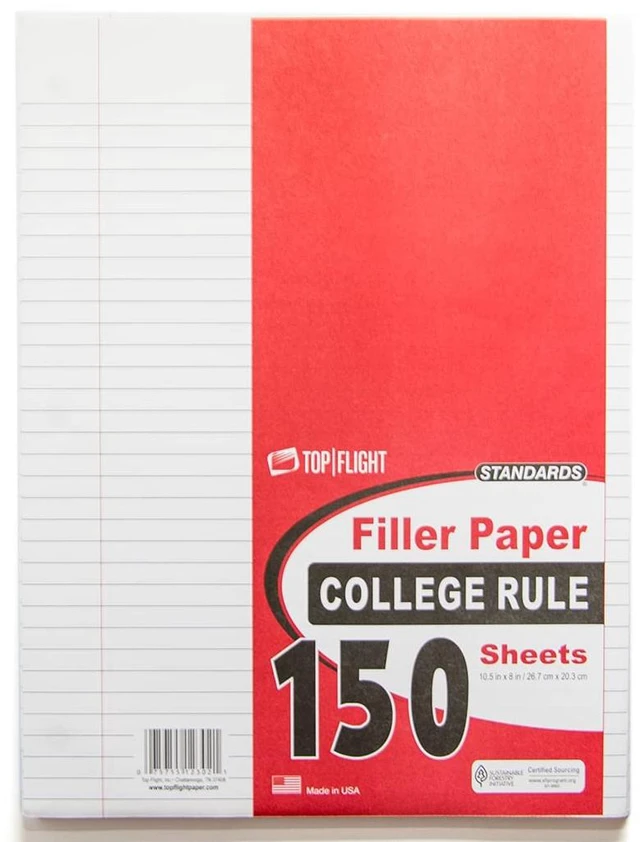 Main image of Top Flight Filler Paper, 10.5 x 8 Inches, College Rule, 150 Sheets (12302), White