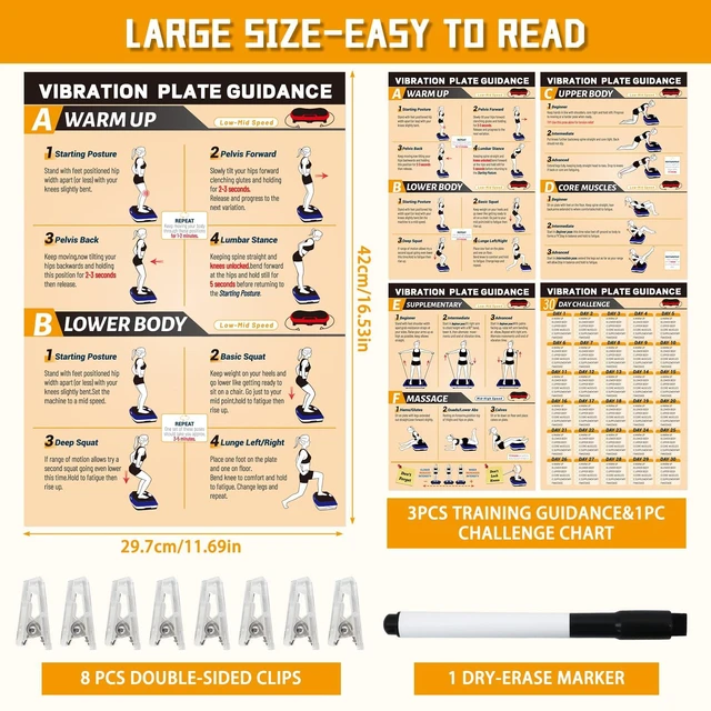 Alt view image 2 of 7 - 4PCS Vibration Plate Workout Poster Set-3 Exercise Wall Charts & 1 30-Day Planner & 8 Double-Sided Clips, Whole Body Vibrating Exercise Chart, for All Vibration Machines Home Gym Fitness Recovery