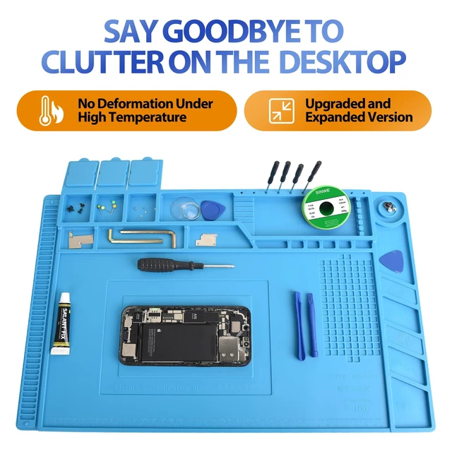 Alt view image 3 of 7 - Professional Silicone Soldering Pad 932°F Heat-Resistant - 17.7 x 11.8 Anti-Static Repair Workstation with Magnetic Area and Electronics Screw Storage Box