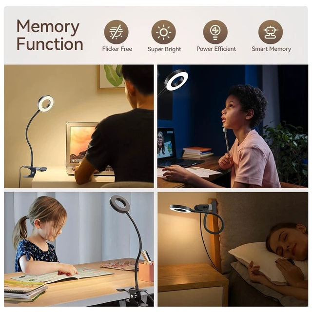Alt view image 6 of 6 - LED Desk Lamp Clip on Light with 3 Color Modes 10 Brightness Ring/Clamp Light 360° Adjustable Neck Dimmable Eye Protection Desk Lamps for Home Office