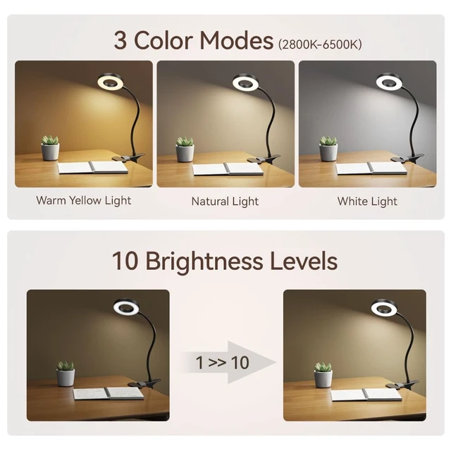 Alt view image 4 of 6 - LED Desk Lamp Clip on Light with 3 Color Modes 10 Brightness Ring/Clamp Light 360° Adjustable Neck Dimmable Eye Protection Desk Lamps for Home Office