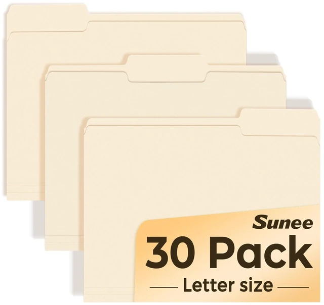 Main image of SUNEE File Folders, 30 Pack Manilla Folders 8.5 x 11, 1/3 Cut Tab for Easy Labeling and Organization, Durable Standard Paper for Home, Office, School Filing