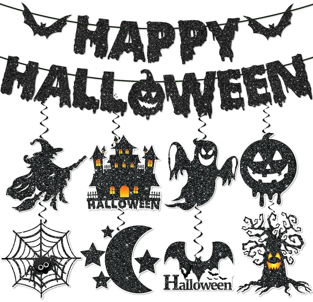 Main image of Halloween Office Decor, with 1pc No Diy Happy Halloween Banner and 8pcs Hallowee n Hanging Decorations Swirl, Hallowee n Decorations for Office, Happy Halloweenn Decoration