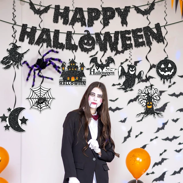 Alt view image 2 of 7 - Halloween Office Decor, with 1pc No Diy Happy Halloween Banner and 8pcs Hallowee n Hanging Decorations Swirl, Hallowee n Decorations for Office, Happy Halloweenn Decoration