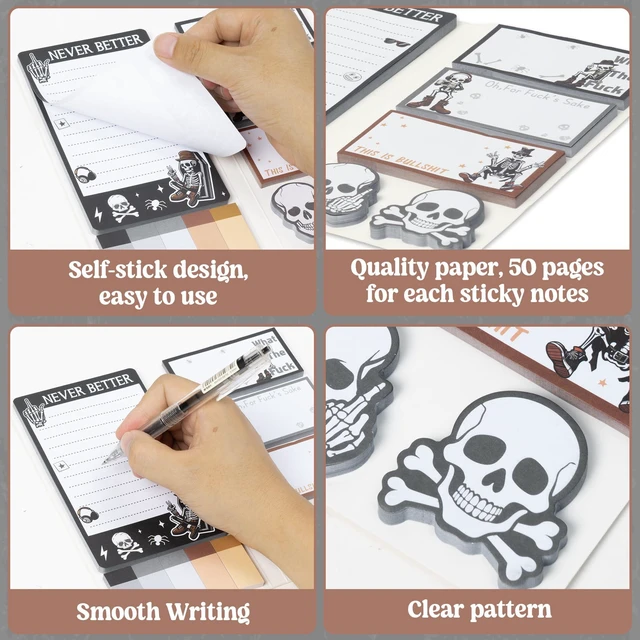 Alt view image 4 of 6 - Xqumoi Funny Skull Skeleton Sticky Notes Set Gothic Halloween Notepads Gift