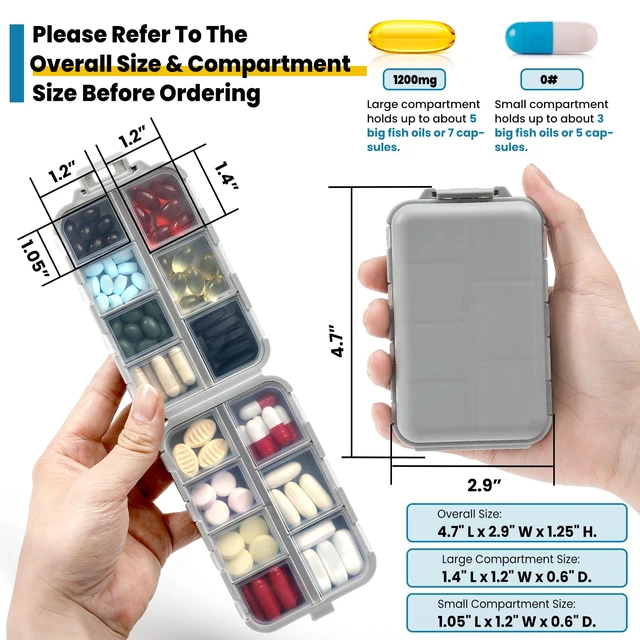 Alt view image 4 of 6 - 14 Grids Travel Pill Organizer Box with 415-Pcs Medicine Name Labels - Pocket Daily Pharmacy Case Container - Travel Medication Holder Dispenser Kit for Fish Oil Vitamin Supplement Storage - Grey