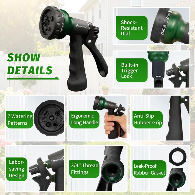 Alt view image 4 of 6 - AUTOMAN Garden Hose Nozzle, Water Hose Sprayer Nozzle with 7 Adjustable Watering Patterns, Slip Resistant for Watering Plants, Lawn& Garden, Washing Cars, Cleaning, Showering Pets & Outdoor Fun.