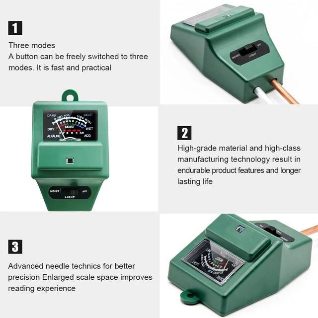 Alt view image 2 of 6 - SONKIR Soil pH Meter, MS02 3-in-1 Soil Moisture/Light/pH Tester Gardening Tool Kits for Plant Care, Great for Garden, Lawn, Farm, Indoor & Outdoor Use (Green)