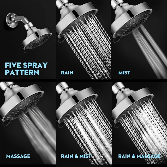 Alt view image 4 of 6 - WarmSpray High Pressure Shower Head 5 Settings Fixed Showerhead 4 Inch High Flow Bathroom Showerhead with Adjustable Brass Ball Joint for Luxury Shower Experience Even at Low Water Pressure