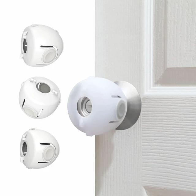 Main image of Child Proof Door Knob Covers, 4-Pack, White - Baby Safety Door Knob Covers for Toddlers, Snap-in Design for Easy Install, Durable & Non Toxic, Fits Standard Round Knobs