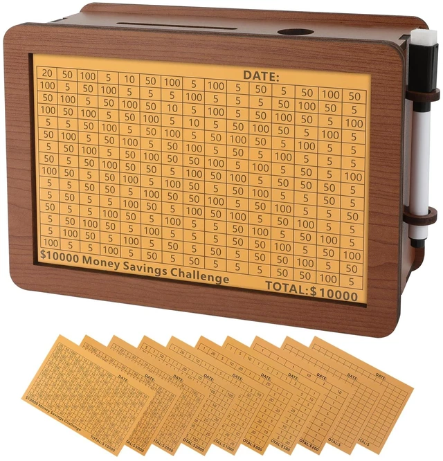 Main image of Wooden Money Saving Box, Piggy Bank for Kids & Adults - Reusable $10,000 Savings Challenge Box with Progress Tracker & Cash Vault, Educational Savings Gift for Boys Girls Ages 3-12 (10 Amounts)