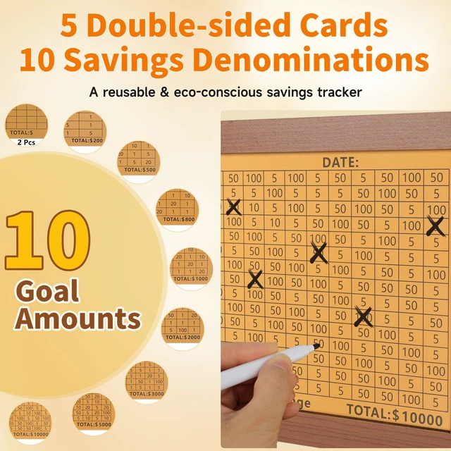 Alt view image 2 of 6 - Wooden Money Saving Box, Piggy Bank for Kids & Adults - Reusable $10,000 Savings Challenge Box with Progress Tracker & Cash Vault, Educational Savings Gift for Boys Girls Ages 3-12 (10 Amounts)