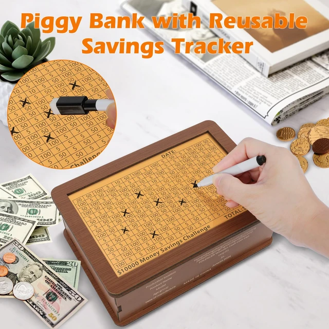 Alt view image 3 of 6 - Wooden Money Saving Box, Piggy Bank for Kids & Adults - Reusable $10,000 Savings Challenge Box with Progress Tracker & Cash Vault, Educational Savings Gift for Boys Girls Ages 3-12 (10 Amounts)