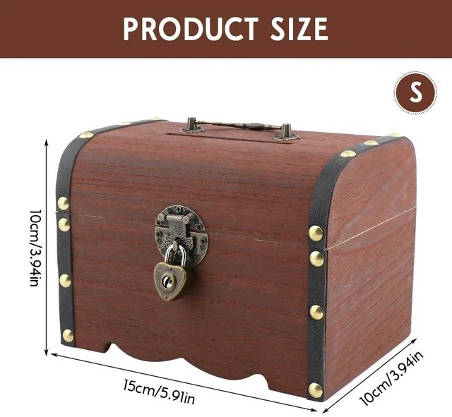 Alt view image 5 of 7 - Piggy Bank, Vintage Wooden Treasure Chest Piggy Bank, Rustic Decorative Coin Organizer Treasure Chest with Lock Storage Box for Home Office, Wedding, Christmas & Birthday Gifts