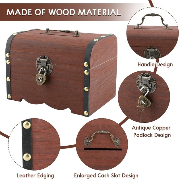 Alt view image 7 of 7 - Piggy Bank, Vintage Wooden Treasure Chest Piggy Bank, Rustic Decorative Coin Organizer Treasure Chest with Lock Storage Box for Home Office, Wedding, Christmas & Birthday Gifts