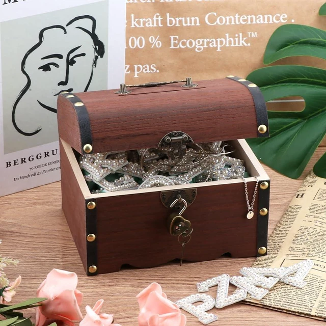Alt view image 2 of 7 - Piggy Bank, Vintage Wooden Treasure Chest Piggy Bank, Rustic Decorative Coin Organizer Treasure Chest with Lock Storage Box for Home Office, Wedding, Christmas & Birthday Gifts