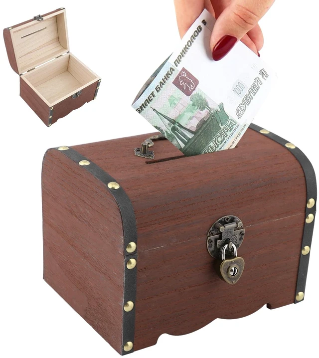Alt view image 3 of 7 - Piggy Bank, Vintage Wooden Treasure Chest Piggy Bank, Rustic Decorative Coin Organizer Treasure Chest with Lock Storage Box for Home Office, Wedding, Christmas & Birthday Gifts