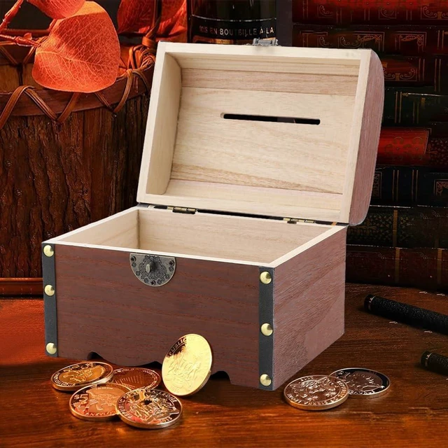 Alt view image 6 of 7 - Piggy Bank, Vintage Wooden Treasure Chest Piggy Bank, Rustic Decorative Coin Organizer Treasure Chest with Lock Storage Box for Home Office, Wedding, Christmas & Birthday Gifts