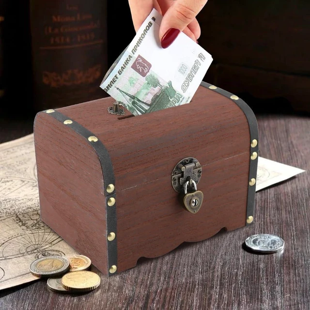 Alt view image 4 of 7 - Piggy Bank, Vintage Wooden Treasure Chest Piggy Bank, Rustic Decorative Coin Organizer Treasure Chest with Lock Storage Box for Home Office, Wedding, Christmas & Birthday Gifts