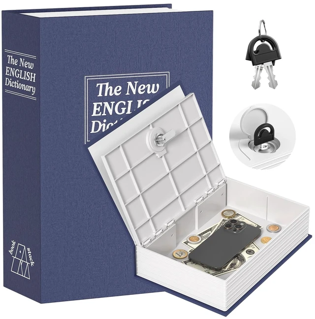 Main image of KMC Book Safe with Key, Realistic Dictionary Diversion Metal Safe Box for Adults, Hidden Money Saving Piggy Bank for Cash & Valuables, Secret Storage Security Lockbox for Home Office Bookshelf (Blue)