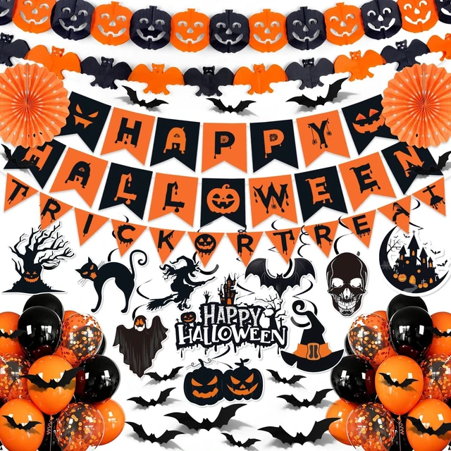 Main image of Halloween Party Decorations, 28Pcs Halloween Indoor Decorations Kit with Happy Halloweens Banner Pumpkin Bat Garland Hanging Swirl for Indoor Outdoor Home Wall Party Decor