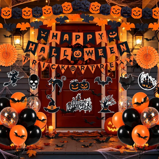 Alt view image 6 of 7 - Halloween Party Decorations, 28Pcs Halloween Indoor Decorations Kit with Happy Halloweens Banner Pumpkin Bat Garland Hanging Swirl for Indoor Outdoor Home Wall Party Decor