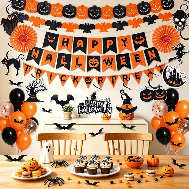 Alt view image 7 of 7 - Halloween Party Decorations, 28Pcs Halloween Indoor Decorations Kit with Happy Halloweens Banner Pumpkin Bat Garland Hanging Swirl for Indoor Outdoor Home Wall Party Decor
