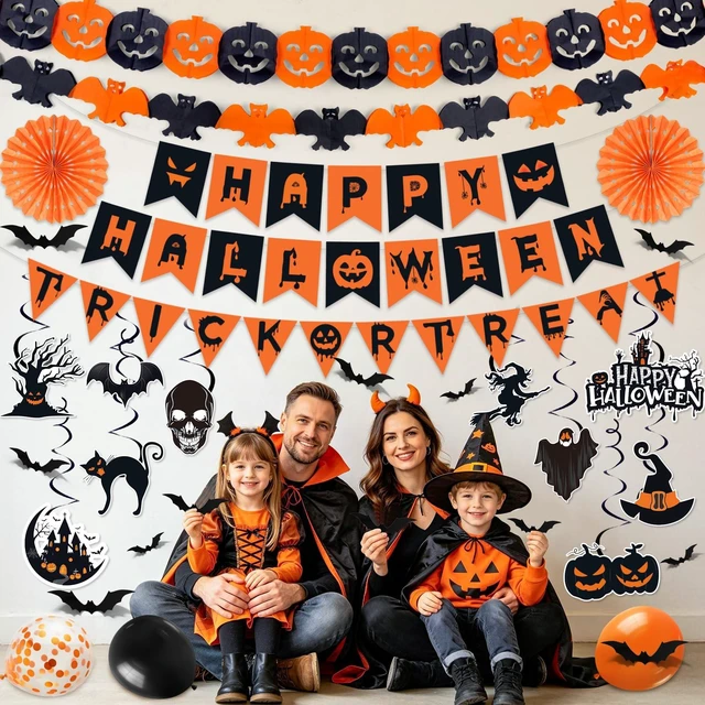 Alt view image 2 of 7 - Halloween Party Decorations, 28Pcs Halloween Indoor Decorations Kit with Happy Halloweens Banner Pumpkin Bat Garland Hanging Swirl for Indoor Outdoor Home Wall Party Decor