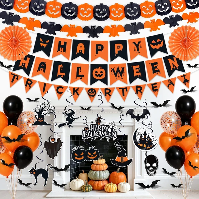 Alt view image 5 of 7 - Halloween Party Decorations, 28Pcs Halloween Indoor Decorations Kit with Happy Halloweens Banner Pumpkin Bat Garland Hanging Swirl for Indoor Outdoor Home Wall Party Decor