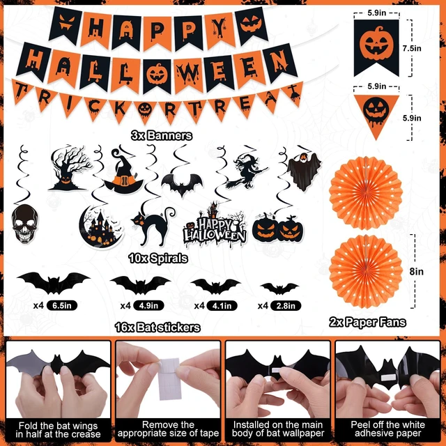 Alt view image 3 of 7 - Halloween Party Decorations, 28Pcs Halloween Indoor Decorations Kit with Happy Halloweens Banner Pumpkin Bat Garland Hanging Swirl for Indoor Outdoor Home Wall Party Decor
