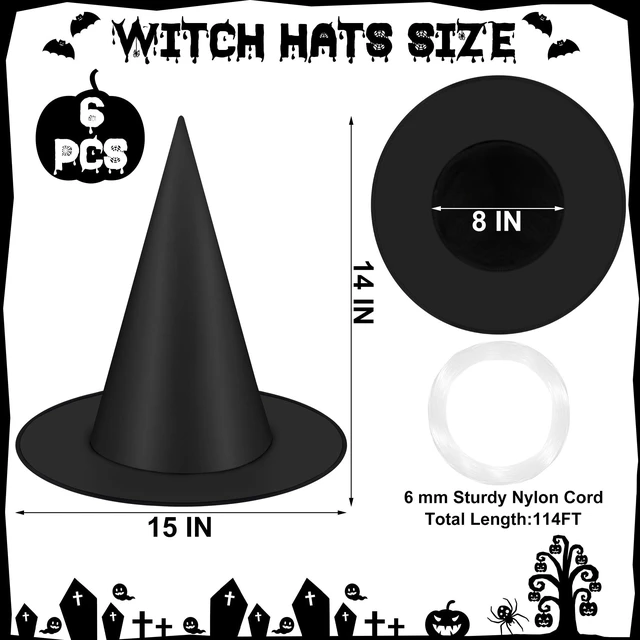 Alt view image 6 of 6 - 6Pcs Halloween Witch Hats Decorations, Black Hanging Witch Hats for Halloween Porch Decor, Floating Hat with 115 FT Nylon Cord, Thickened Wizard Hat Bulk for Scary Party Supplies Indoor Outdoor