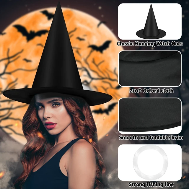 Alt view image 5 of 6 - 6Pcs Halloween Witch Hats Decorations, Black Hanging Witch Hats for Halloween Porch Decor, Floating Hat with 115 FT Nylon Cord, Thickened Wizard Hat Bulk for Scary Party Supplies Indoor Outdoor