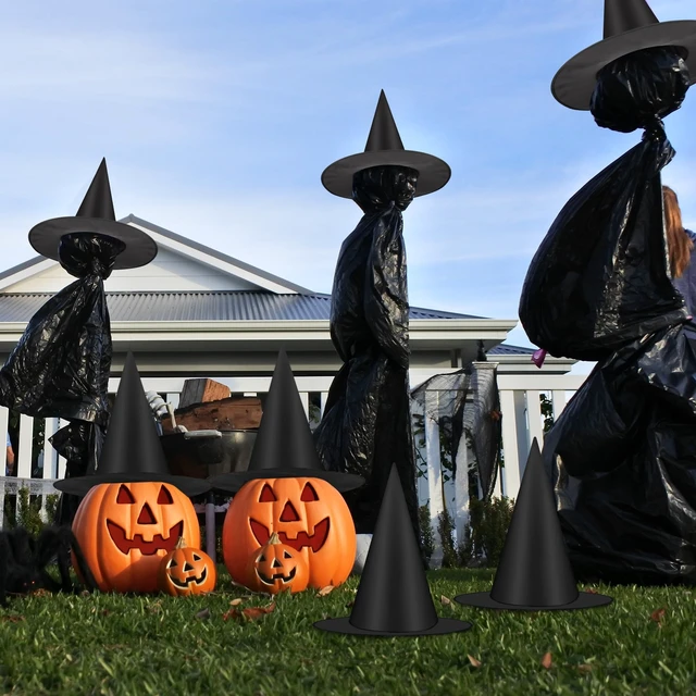 Alt view image 3 of 6 - 6Pcs Halloween Witch Hats Decorations, Black Hanging Witch Hats for Halloween Porch Decor, Floating Hat with 115 FT Nylon Cord, Thickened Wizard Hat Bulk for Scary Party Supplies Indoor Outdoor