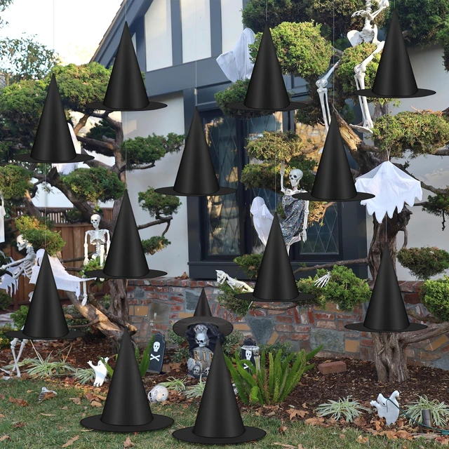 Alt view image 4 of 6 - 6Pcs Halloween Witch Hats Decorations, Black Hanging Witch Hats for Halloween Porch Decor, Floating Hat with 115 FT Nylon Cord, Thickened Wizard Hat Bulk for Scary Party Supplies Indoor Outdoor