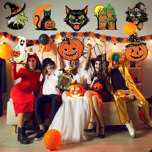 Alt view image 2 of 7 - Large Vintage Halloween Decorations Double-Sided Halloween Cutouts Retro Halloween Spooky Ghost Pumpkin Witch Cat Cutouts for Trick or Treat Holiday Party Window Wall Decor(9PCS)