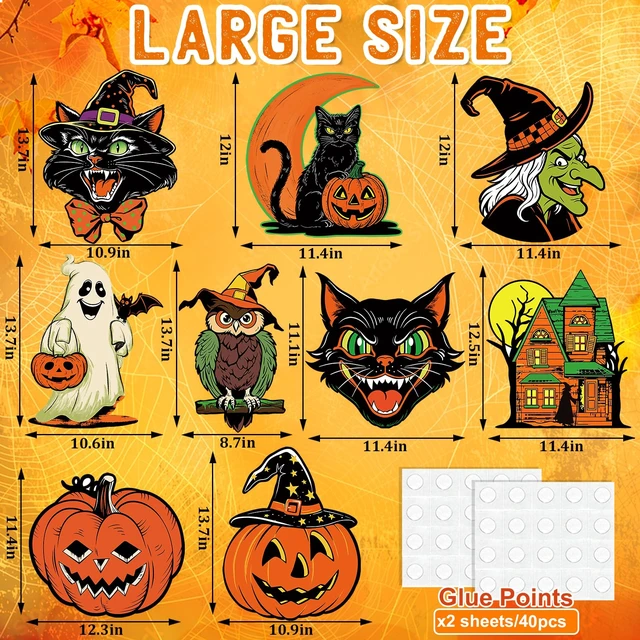 Alt view image 4 of 7 - Large Vintage Halloween Decorations Double-Sided Halloween Cutouts Retro Halloween Spooky Ghost Pumpkin Witch Cat Cutouts for Trick or Treat Holiday Party Window Wall Decor(9PCS)