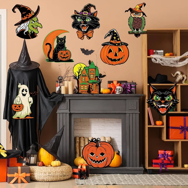 Alt view image 7 of 7 - Large Vintage Halloween Decorations Double-Sided Halloween Cutouts Retro Halloween Spooky Ghost Pumpkin Witch Cat Cutouts for Trick or Treat Holiday Party Window Wall Decor(9PCS)
