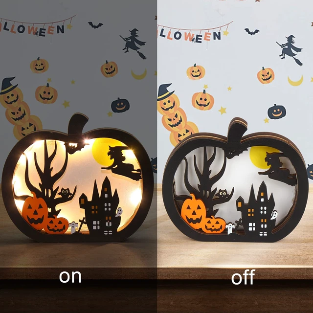 Alt view image 4 of 6 - FOIMAS Halloween Wooden Table Sign,Light Up Pumpkin Table Centerpiece Topper for Halloween Table Top Party Decoration Supply(UPGRATED)