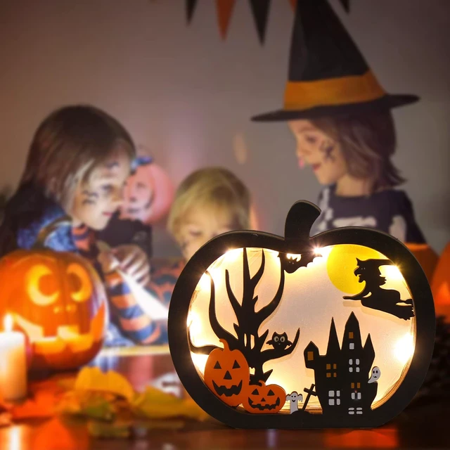 Alt view image 6 of 6 - FOIMAS Halloween Wooden Table Sign,Light Up Pumpkin Table Centerpiece Topper for Halloween Table Top Party Decoration Supply(UPGRATED)