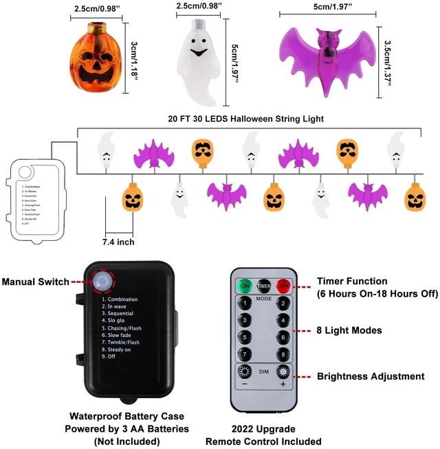 Alt view image 4 of 6 - Mosoan Halloween Lights, 20Ft 30 LED Pumpkin Ghost Bat String Lights Battery Operated with Timer, 8 Light Modes Halloween Fairy Lights for Indoor Outdoor Party Home Yard Window Decor