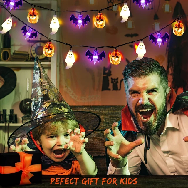 Alt view image 6 of 6 - Mosoan Halloween Lights, 20Ft 30 LED Pumpkin Ghost Bat String Lights Battery Operated with Timer, 8 Light Modes Halloween Fairy Lights for Indoor Outdoor Party Home Yard Window Decor