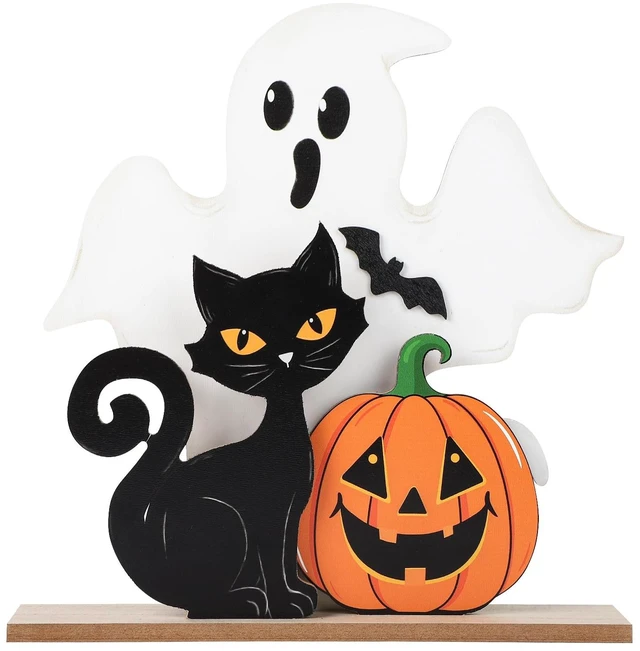 Main image of Halloween Decorations Indoor Wooden Black Cat Halloween Decor Ghost Table Sign Pumpkin Table Centerpieces Standing Tabletop Decoration for Holiday Desk Tiered Tray Party Shelf Decorations Farmhouse