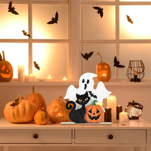 Alt view image 3 of 7 - Halloween Decorations Indoor Wooden Black Cat Halloween Decor Ghost Table Sign Pumpkin Table Centerpieces Standing Tabletop Decoration for Holiday Desk Tiered Tray Party Shelf Decorations Farmhouse