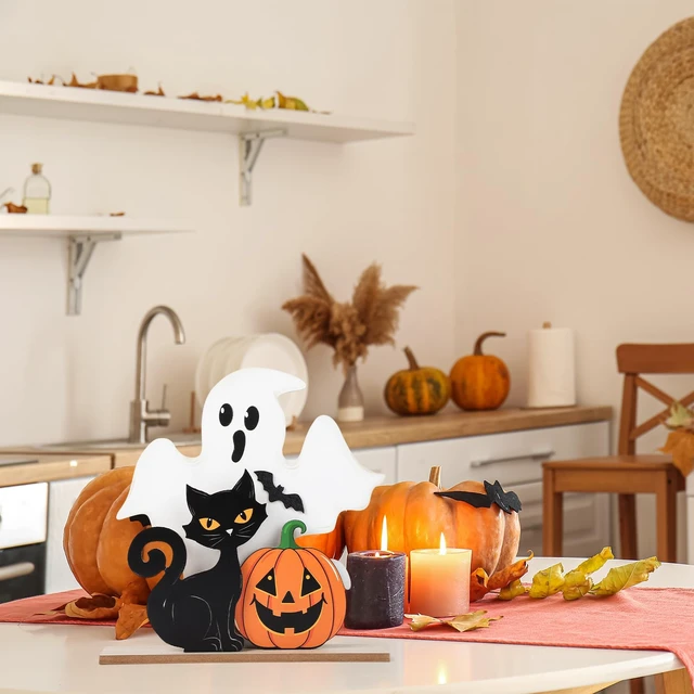 Alt view image 5 of 7 - Halloween Decorations Indoor Wooden Black Cat Halloween Decor Ghost Table Sign Pumpkin Table Centerpieces Standing Tabletop Decoration for Holiday Desk Tiered Tray Party Shelf Decorations Farmhouse