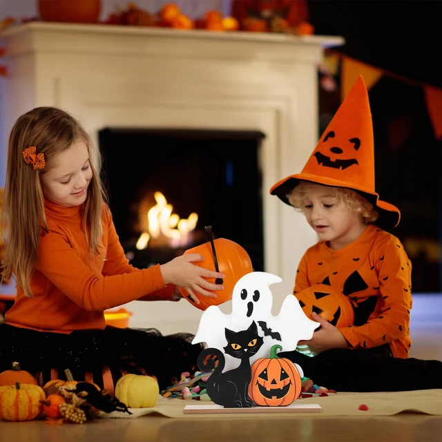 Alt view image 6 of 7 - Halloween Decorations Indoor Wooden Black Cat Halloween Decor Ghost Table Sign Pumpkin Table Centerpieces Standing Tabletop Decoration for Holiday Desk Tiered Tray Party Shelf Decorations Farmhouse