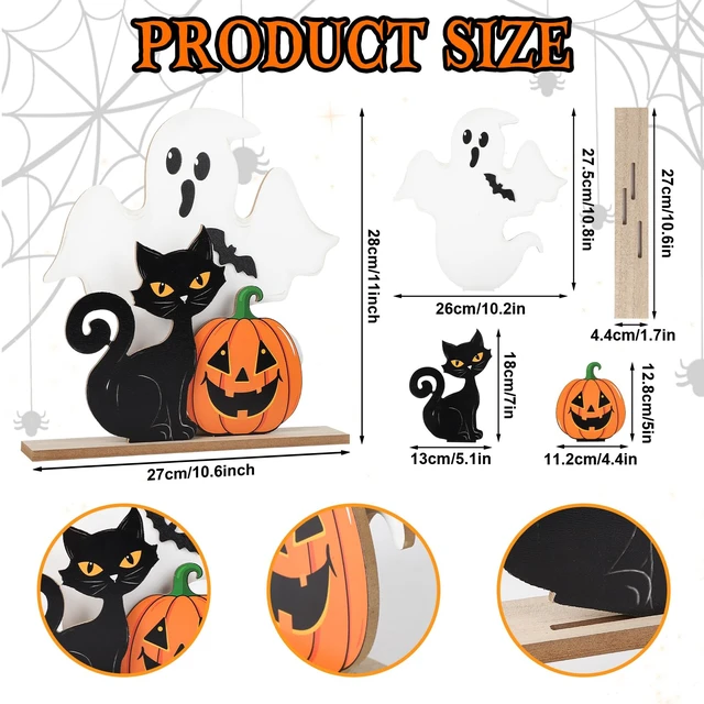 Alt view image 4 of 7 - Halloween Decorations Indoor Wooden Black Cat Halloween Decor Ghost Table Sign Pumpkin Table Centerpieces Standing Tabletop Decoration for Holiday Desk Tiered Tray Party Shelf Decorations Farmhouse