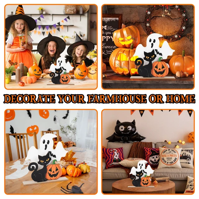 Alt view image 2 of 7 - Halloween Decorations Indoor Wooden Black Cat Halloween Decor Ghost Table Sign Pumpkin Table Centerpieces Standing Tabletop Decoration for Holiday Desk Tiered Tray Party Shelf Decorations Farmhouse