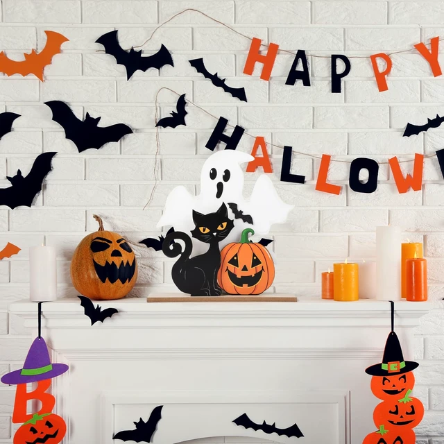 Alt view image 7 of 7 - Halloween Decorations Indoor Wooden Black Cat Halloween Decor Ghost Table Sign Pumpkin Table Centerpieces Standing Tabletop Decoration for Holiday Desk Tiered Tray Party Shelf Decorations Farmhouse