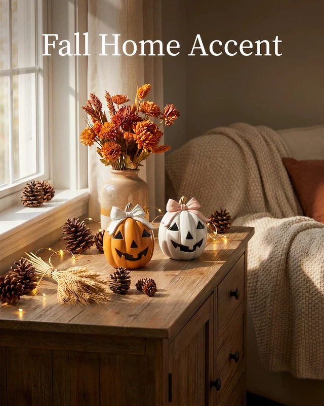 Alt view image 4 of 7 - Halloween Decor Spooky Cute Fall Pumpkin with Bow Tabletop for Shelf Mantel Tiered Tray Home Office Party Decorations (Orange & White)